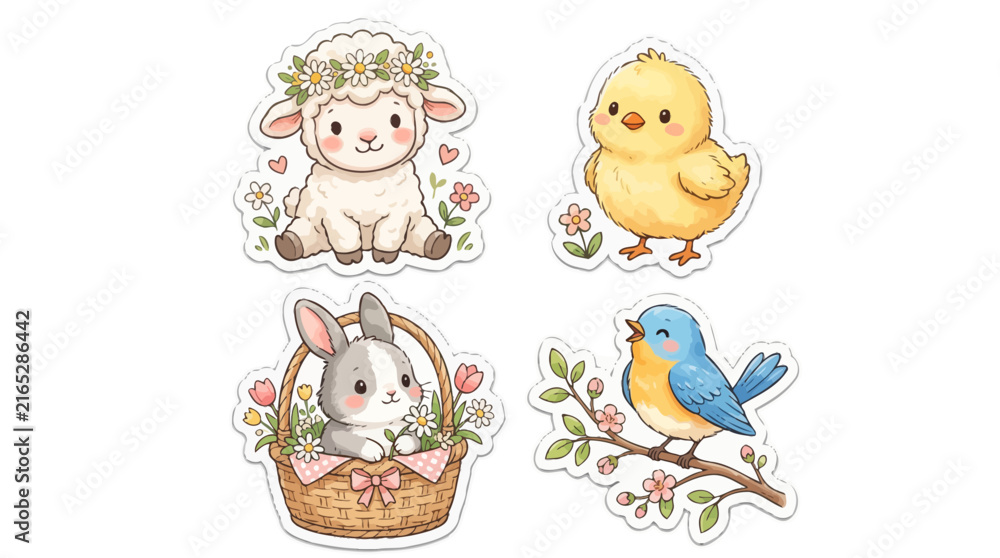 Obraz premium Cute Easter animal stickers set, adorable baby lamb and bunny in basket, 4 spring farm animal vector illustrations for kids