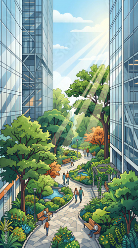 People walking and relaxing in urban park between tall glass buildings. Cityscape, green space, modern architecture, wellness, sustainability.