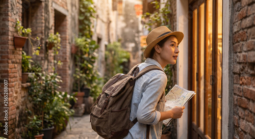 Young Asian woman backpacker exploring historic narrow street alley holding city map during travel vacation