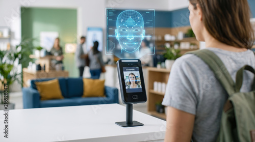 Biometric face scanner identity access control touchless security office lobby. Futuristic digital facial recognition system. identification verification id access, security protection