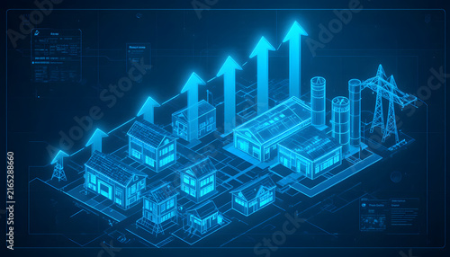 Isometric industrial factory complex with glowing blue growth arrows and data visualization.