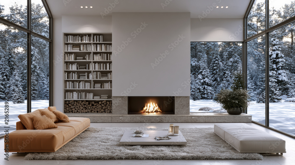Naklejka premium Cozy modern living room with large windows, fireplace, bookshelf, beige sofa, white bench, winter forest view, and soft rug