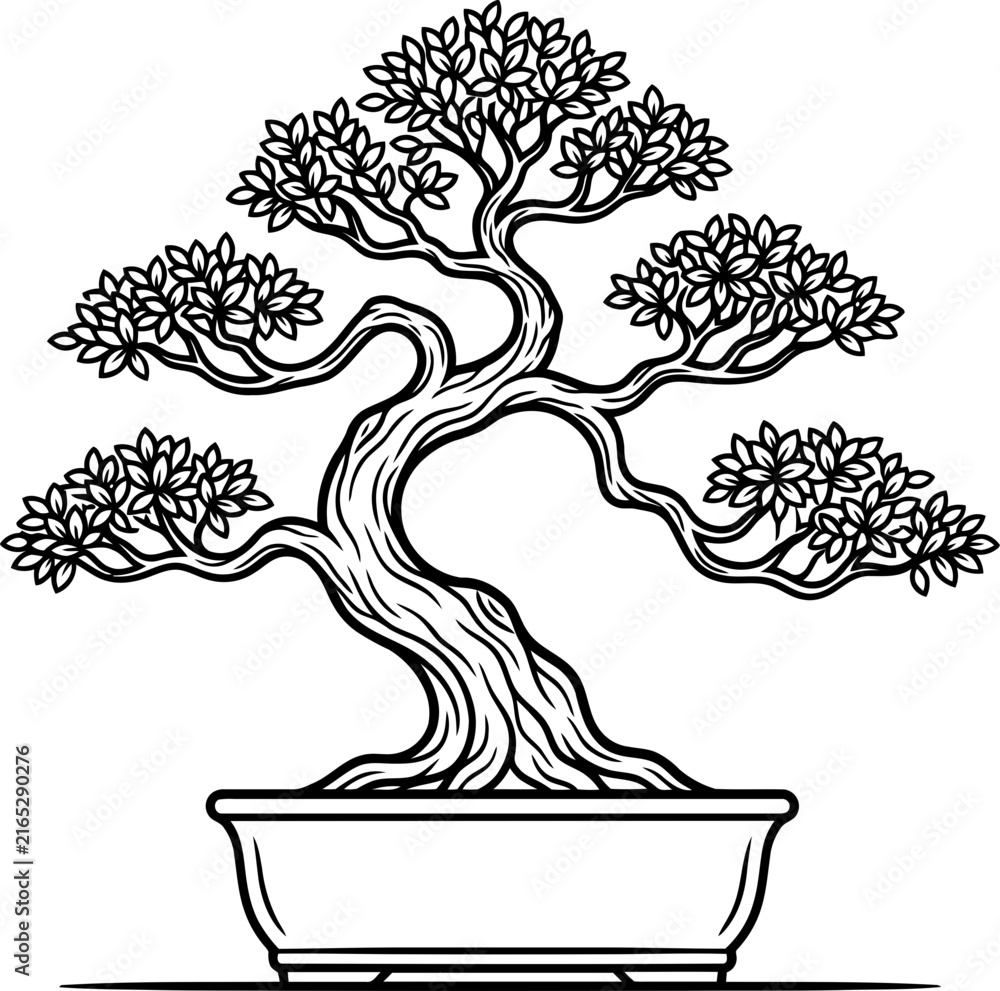 Fototapeta premium Japanese Bonsai Tree in a Pot Doodle Isolated on White Background