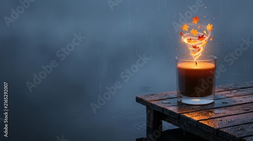 Transparent glass candle on wet wooden pier with flame formed by glowing vortex of burning autumn maple leaves, foggy steel blue background with copy space for seasonal autumn commercial photo