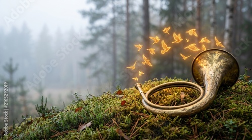 Antique brass hunting horn on damp forest moss with glowing golden birds flying out of bell, foggy misty forest background with copy space for fairytale concept commercial photo
