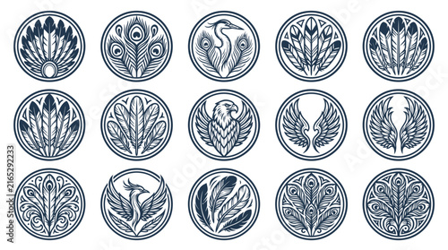 Fotografie Collection of Circular Ornithological Emblems: Feathers, Peacocks, Eagles, Phoen