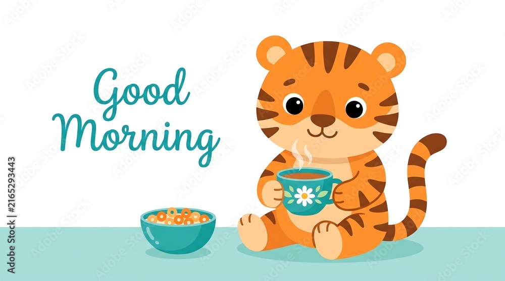 Fototapeta premium Cute cartoon tiger cub drinking coffee and eating cereal for good morning