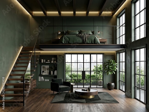 Modern Luxury Industrial Loft Interior with Mezzanine Bedroom, Dark Green Walls, Wooden Floor, Large Windows, and Stylish Living Area Decor