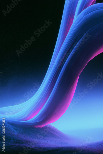 Three large smooth flowing ribbons moving diagonally with purple and blue light