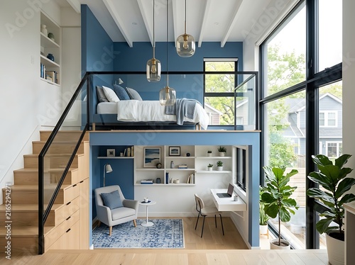 Modern Loft Interior Design with Mezzanine Bedroom and Home Office Workspace in Blue and White Style