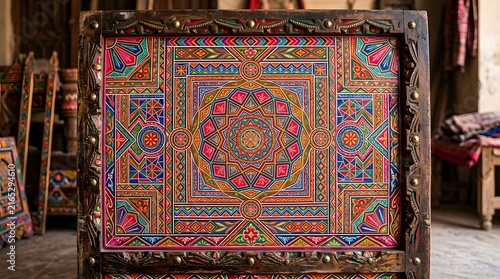 Intricate colorful geometric mandala pattern inside a decorative carved wooden frame