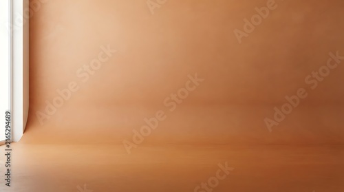 Soft sunlight casting warm glow on smooth terracotta wall and wooden floor corner