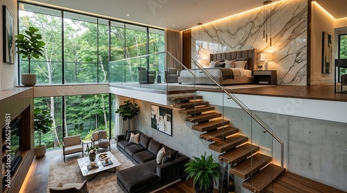 Modern Luxury Mezzanine Interior with Loft Bedroom and Living Room featuring Large Floor-to-Ceiling Windows Marble Wall and Floating Wooden Stairs