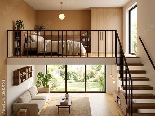 Modern Mezzanine Loft Apartment Interior with Elegant Bedroom and Living Room Design in Scandinavian Style