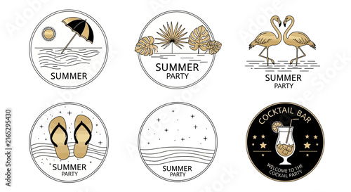 Set of minimalist vector badge designs featuring clean geometric shapes, circular emblems, thin line art icons, and modern corporate identity elements for branding and web design.