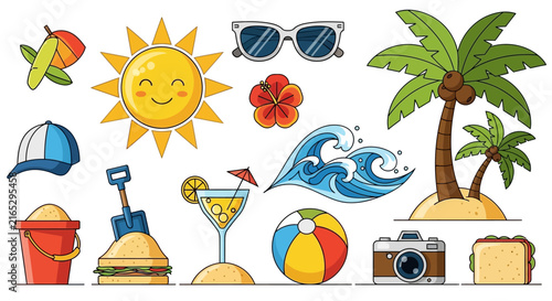 Whimsical and vibrant flat vector illustration featuring colorful geometric shapes, playful characters, and stylized nature elements on a clean white background for modern design.
