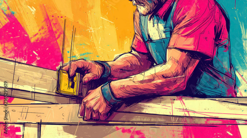 Senior male carpenter measuring a wooden plank in a workshop, vibrant digital art illustration with colorful brushstrokes