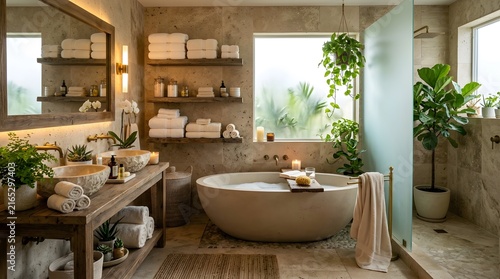 Serene luxury bathroom with stone soaking tub and wooden shelves with folded white towels