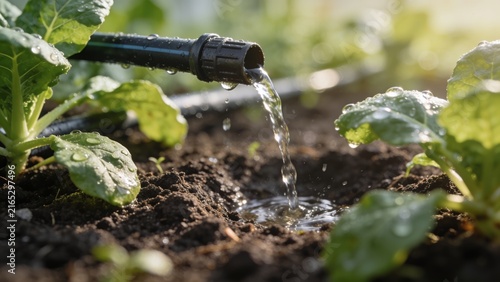 Drip irrigation system watering green vegetable crops in a sustainable organic farm garden