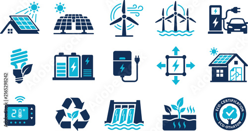 Renewable energy icon set with solar panels and wind turbines, sustainable green technology vector illustrations, eco friendly power generation and recycling symbols for environmental design