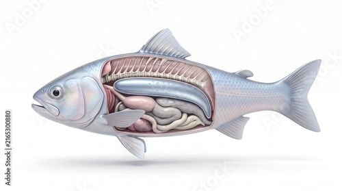Fish swim bladder buoyancy 3D illustration white background