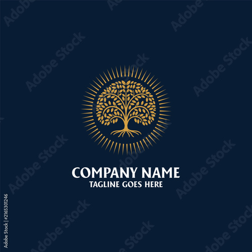 Golden Tree Of Life Sunburst Circular Emblem Crest For Luxury Wellness Spa Financial Business Editorial Cover