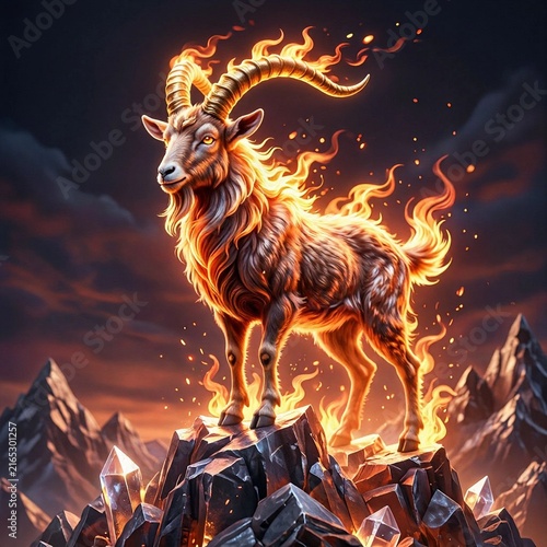 Fiery goat standing on rocks with mountains in the background  