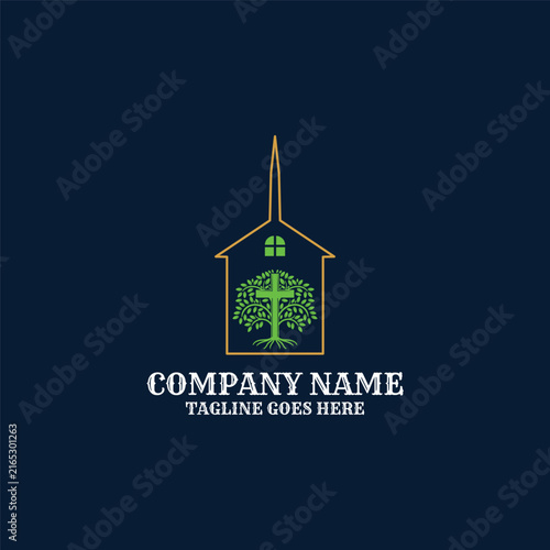 Church Chapel Steeple Christian Cross Tree Spiritual Logotype For Religious Community Ministry Worship Event Pamphlet