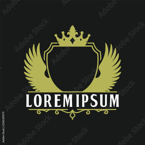 Vintage Royal Gold Crown Winged Shield Emblem Signet for Luxury Hotel Premium Security Finance Brand Protection or Corporate Heritage Identity Branding Vector Illustration