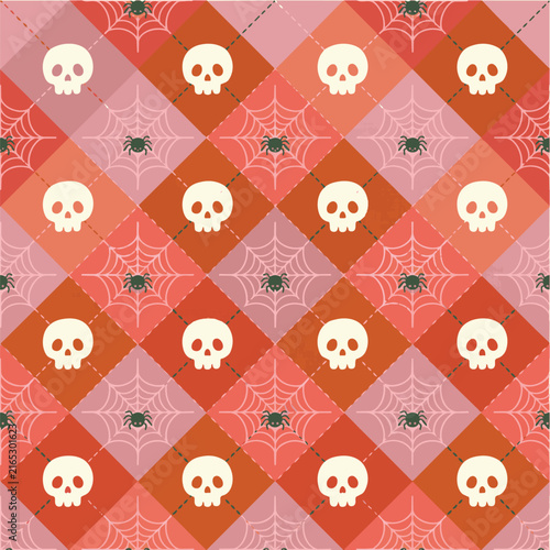 A repeating pattern of white skulls and spiderwebs set against a background of diamond-shaped patterns in various shades of pink and orange.