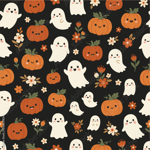 A spooky and cute seamless pattern featuring playful ghosts and jack-o'-lanterns surrounded by tiny flowers, perfect for Halloween decorations and crafts