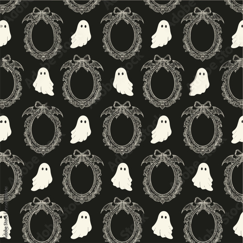 Halloween pattern with ghosts and ornate frames