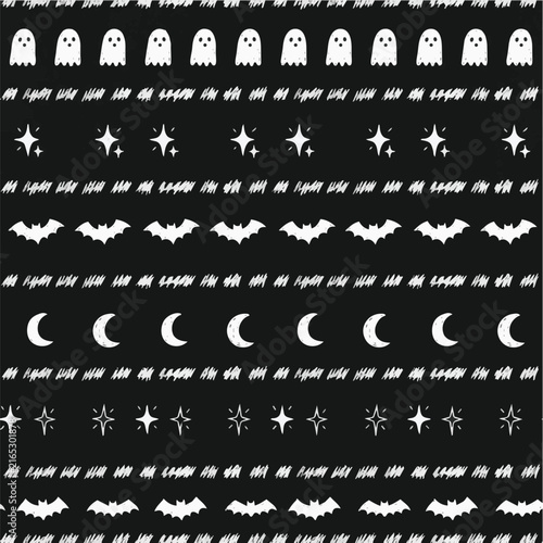 A repeating pattern of Halloween-themed icons on a black background, including ghosts, bats, stars, and moons