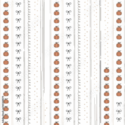 A festive pattern featuring pumpkins and bows arranged in vertical stripes against a textured background, evoking a sense of autumn and celebration