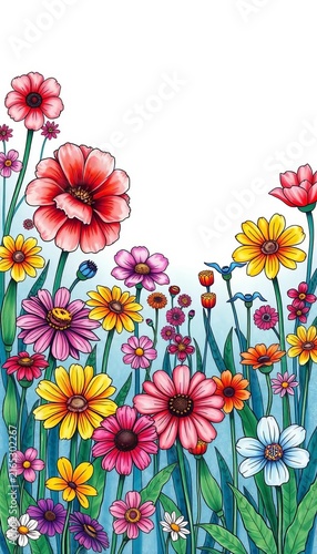 Whimsical hand-sketched blooming garden with colorful flowers, hand-sketch, ||garden