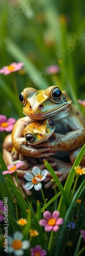 Frog mom hugging her little froglet, surrounded by soft green grass and flowers, flower, ||frog
