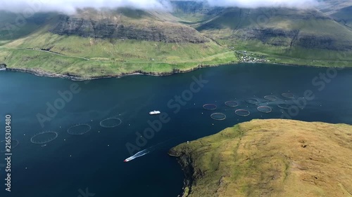 Aerial View of Salmon Farm and Speedboat in Faroe Islands