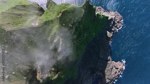 Top Down Aerial View of Kallur Promontory Cliff in Faroe Islands