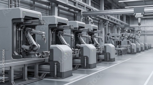 Aligned automated robotics docking stations array in smart factory with copy space