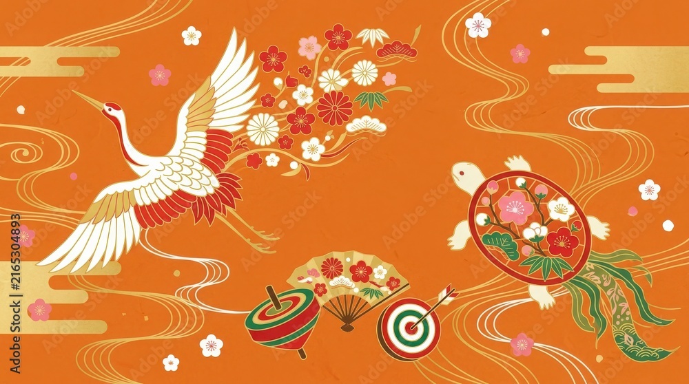 Naklejka premium Japanese traditional new year illustration with crane, turtle, fan, and spinning top on orange background