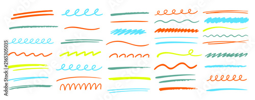 Colorful highlighter underlines and brush strokes vector set isolated on white background. Marker scribble lines, waves, and zigzag text dividers pack.