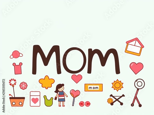Quirky illustration of mom-related icons with bold font, illustration, icons