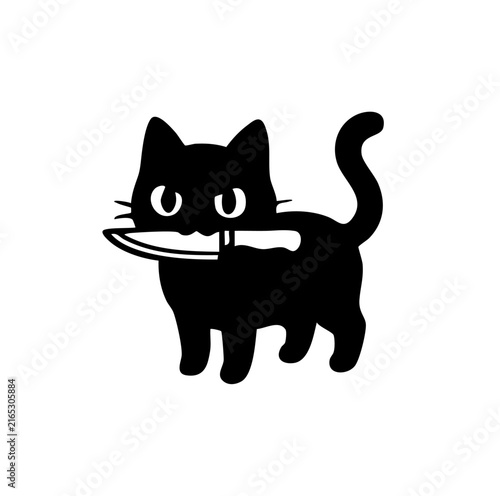Cute black cat holding a knife in mouth vector illustration isolated on white background. Funny dangerous kitten silhouette, meme character line art.