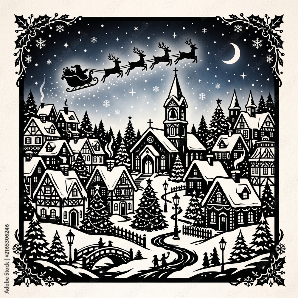 Naklejka premium Old Medieval Castle in a Fairytale Night Landscape, Cartoon Vector Illustration of a Fantasy Town with Towers, Moonlit Sky, and Magical Architecture
