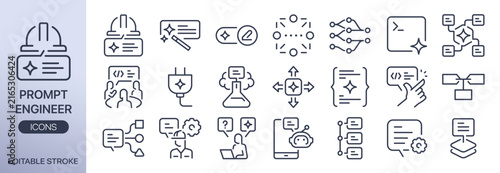 Prompt engineering vector icon set. It includes ai, input, systems, automation, data processing, and more icons. Editable outline Stroke.