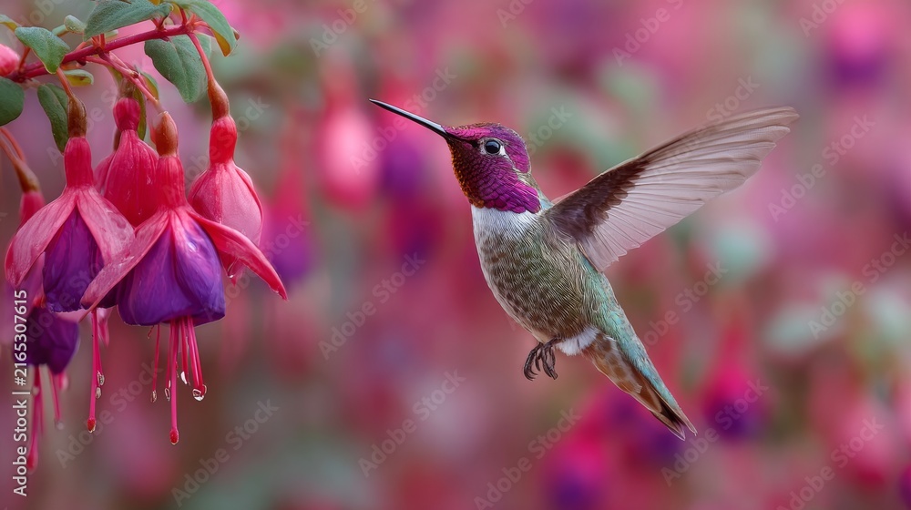 Obraz premium Anna's hummingbird flying gracefully near vibrant fuchsia flowers, colorful tropical bird in natural garden habitat, delicate wings in motion, iridescent green plumage, bright soft background, close-u