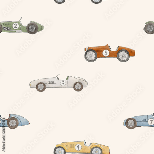 Little Vintage Racer Pattern with Classic Race Cars for Baby Boy Fabric