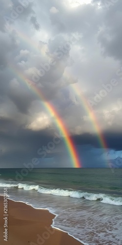 Rainbow stretches across the sky, arcing over dark clouds that threaten to overshadow the serene beach below, red, green