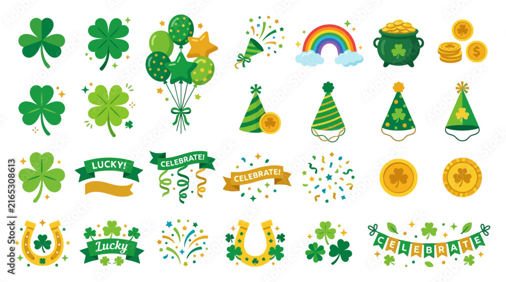 Naklejka premium Flat Vector Celebration Icon Collection Featuring Festive Holiday Symbols and Decorative Elements for Seasonal Spring Party Designs