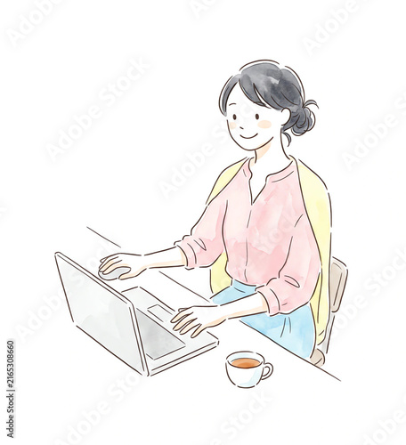 在宅ワーク 主婦 ママ パソコン作業 副業 テレワーク 水彩 イラスト